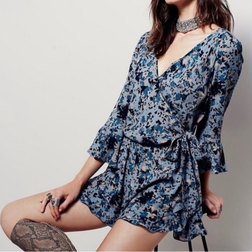 Free People Blue Patterned All The Right Ruffles Faux Wrap Romper